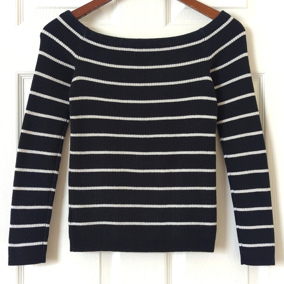 American Eagle Striped Ribbed Knit Form Fitting Off Shoulder Sweater Black White - Picture 9 of 10